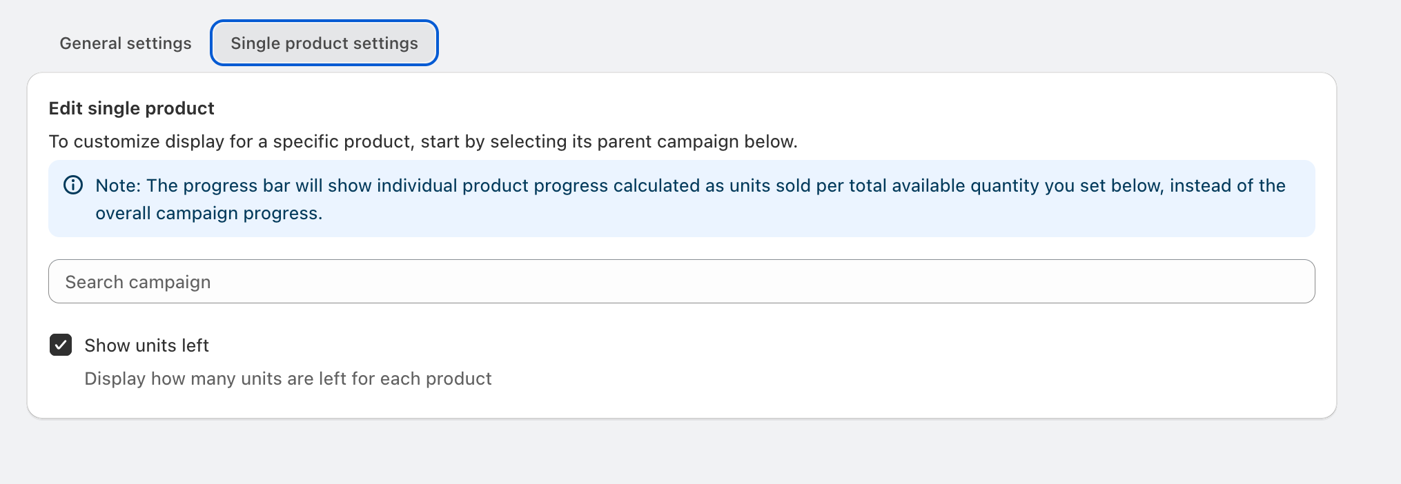 App UI single-product tab with Show units left checked