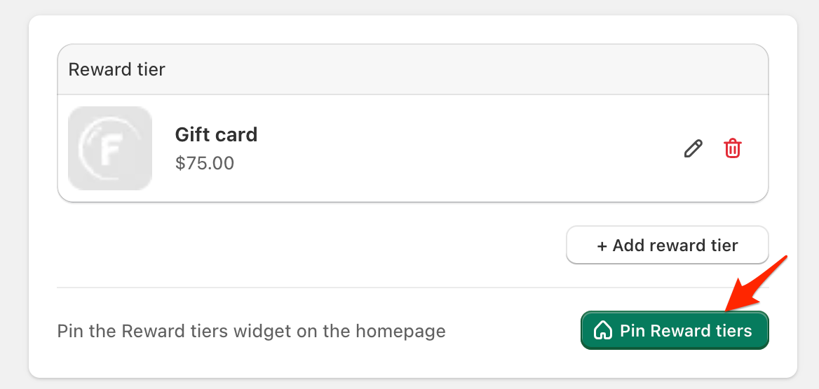 Reward Tiers Widget pinned on homepage