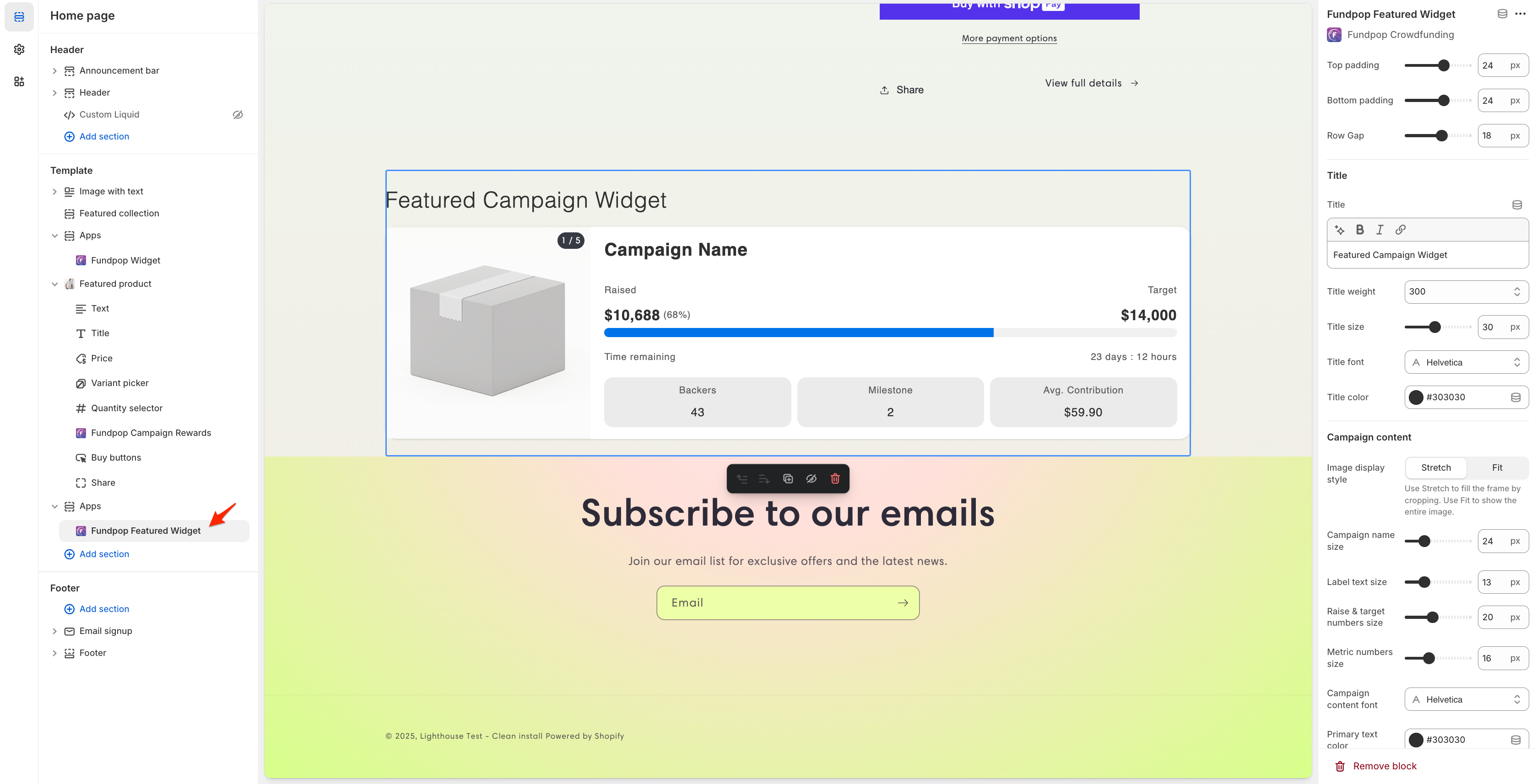 Theme Editor sidebar for Featured Campaign Widget controls