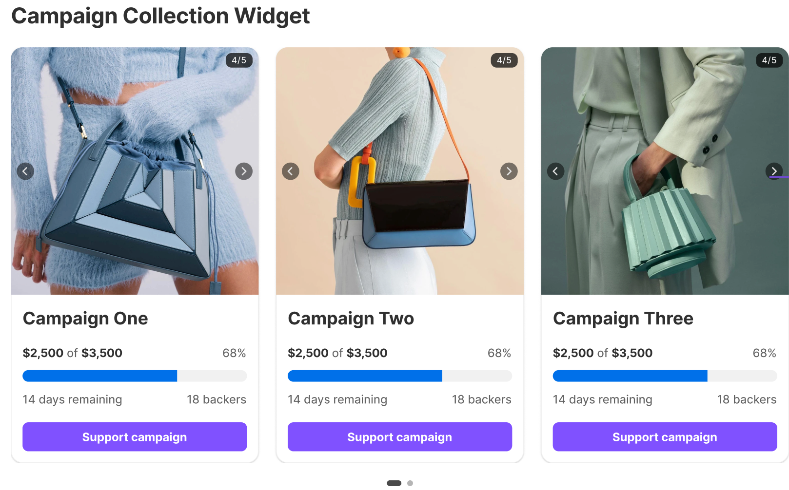 Gallery page showing multiple campaign cards