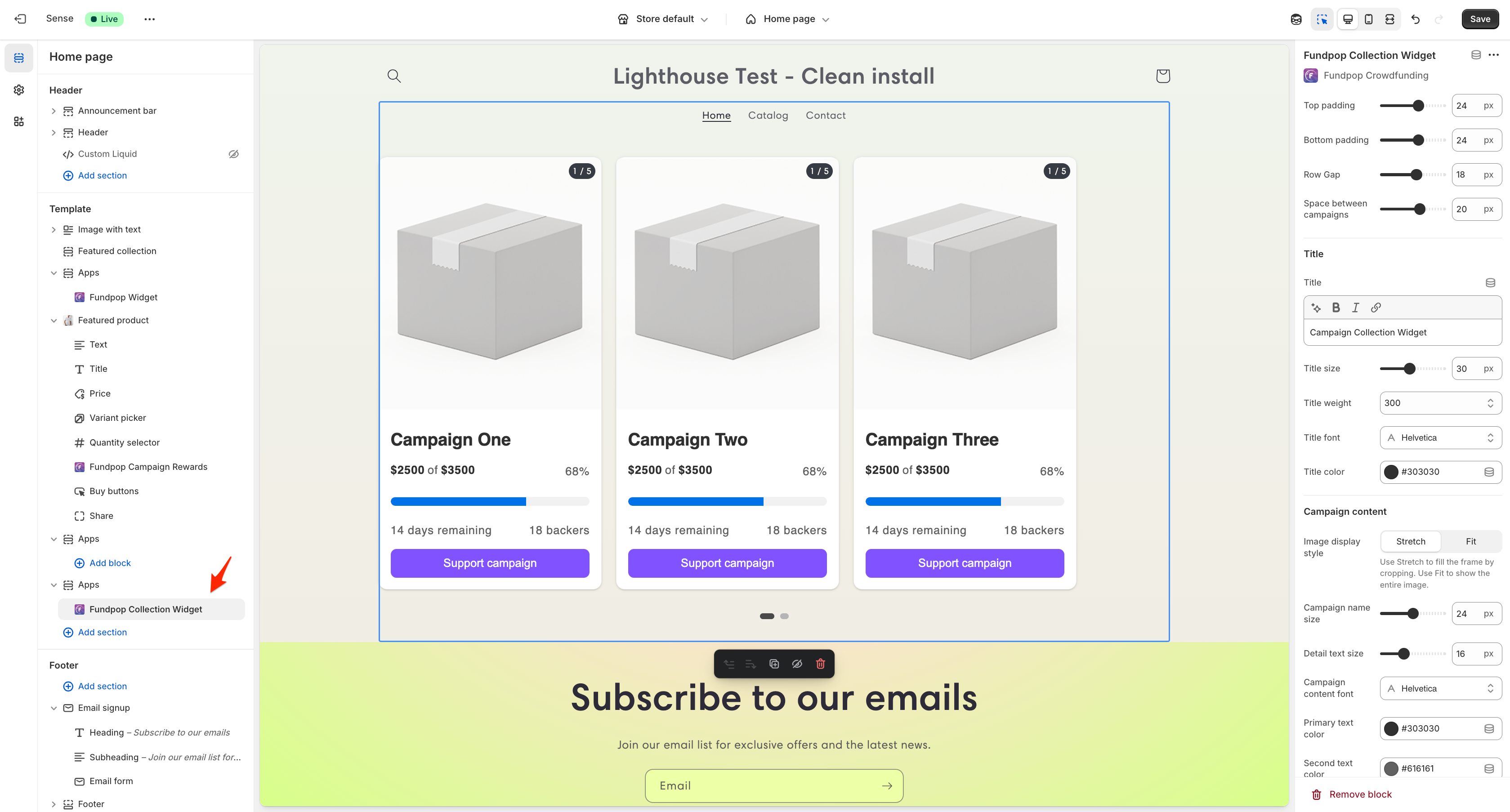 Theme Editor sidebar for Campaign Collection Widget controls