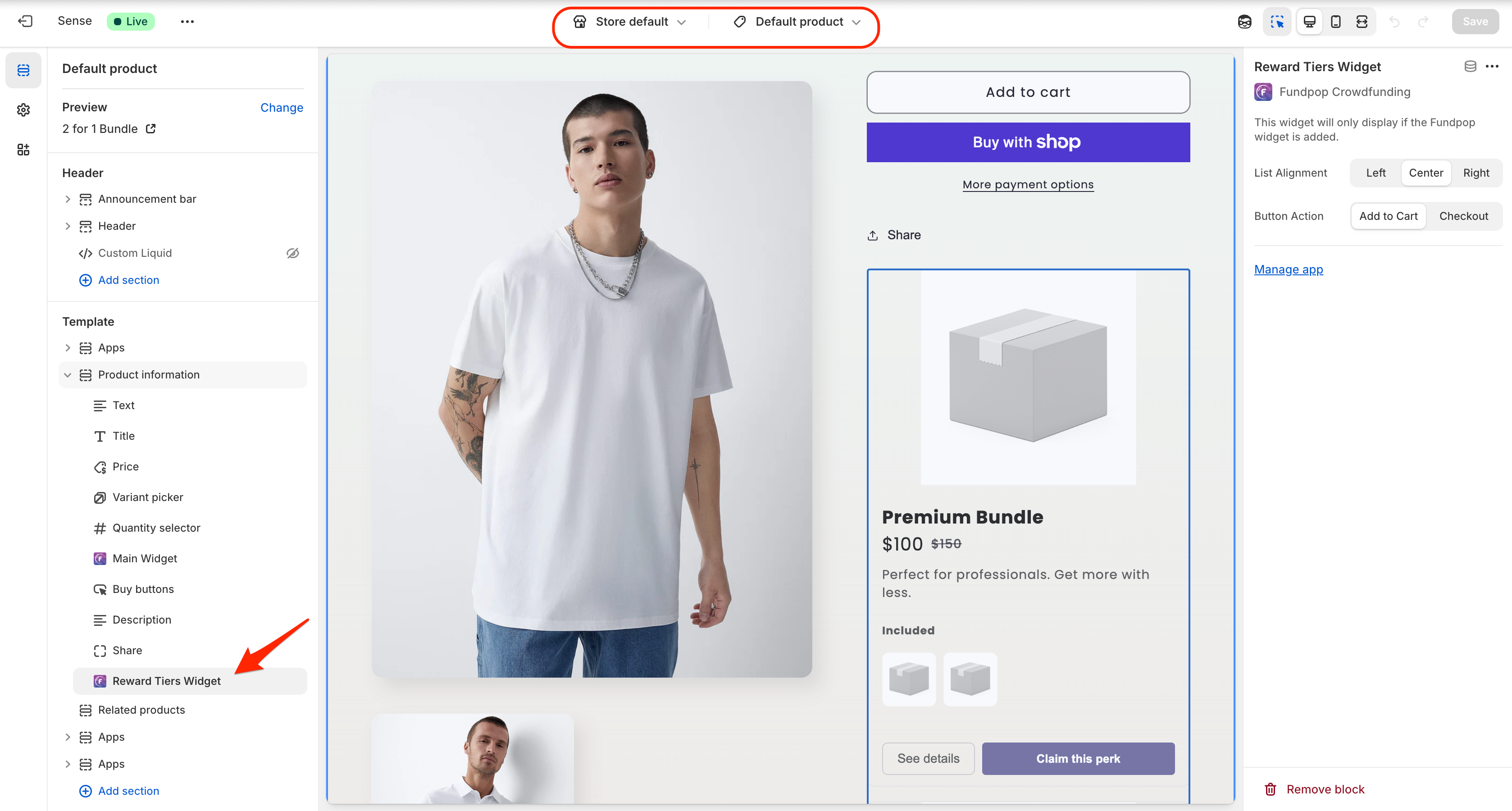 Theme Editor sidebar showing alignment and button action controls for Campaign Rewards